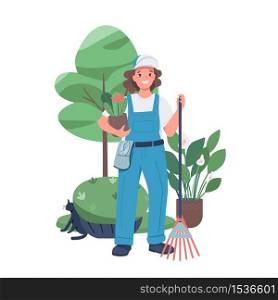 Woman landscaper flat color vector detailed character. Female working in a garden. Employed lady. Landscape designer isolated cartoon illustration for web graphic design and animation. Woman landscaper flat color vector detailed character