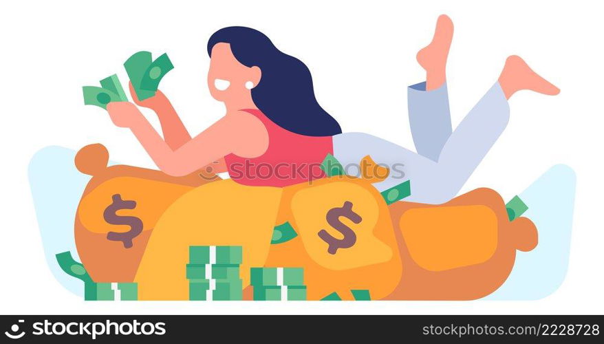 Woman laying on bunch of money bags. Wealthy person isolated on white background. Woman laying on money bags. Wealthy person