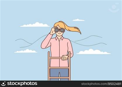 Woman leader stands at top of stairs and uses binoculars to see career opportunities or business success. Ambitious girl leader looks into distance studying actions of competitors or work colleagues. Woman leader stands at top of stairs and uses binoculars to see career or business opportunities