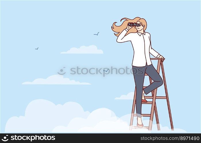 Woman leader stands on top of stepladder among clouds and looks into distance through binoculars. Purposeful girl climbing career ladder makes plans for future to search for business opportunities . Woman leader stands on top of stepladder among clouds and looks into distance through binoculars