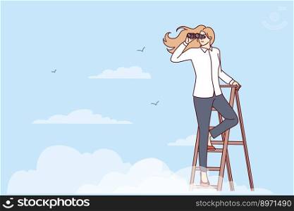Woman leader stands on top of stepladder among clouds and looks into distance through binoculars. Purposeful girl climbing career ladder makes plans for future to search for business opportunities . Woman leader stands on top of stepladder among clouds and looks into distance through binoculars