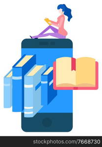 Woman learning new information from books vector, isolated student sitting on smartphone. Cell phone and printed materials, education university flats style. Woman Reading Books on Smartphone Cellphone Vector