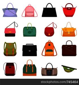 Woman leather casual bags, handbag satchel reticule purse backpack symbol and fashion model. cartoon colorful womens luggage bag and shopper modern accessory isolated icon vector flat illustration set. Woman leather casual bags handbag satchel reticule and colorful bag isolated vector illustration