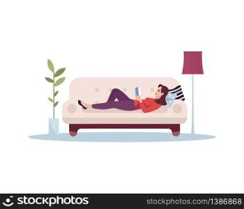 Woman lie on couch semi flat RGB color vector illustration. Person read book while resting on couch. Person relaxing on sofa. Home leisure isolated cartoon character on white background. Woman lie on couch semi flat RGB color vector illustration