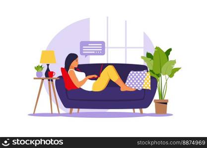Woman lies with laptop on sofa. Concept illustration for working, studying, education, work from home. Flat. Vector illustration.