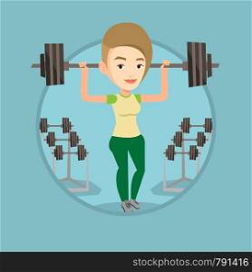 Woman lifting a heavy weight barbell. Strong sportswoman doing exercise with barbell. Weightlifter holding a barbell in the gym. Vector flat design illustration in the circle isolated on background.. Woman lifting barbell vector illustration.