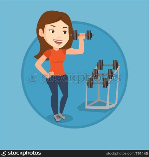 Woman lifting heavy weight dumbbell. Caucasian sportswoman doing exercise with dumbbell. Weightlifter holding dumbbell in the gym. Vector flat design illustration in the circle isolated on background.. Woman lifting dumbbell vector illustration.