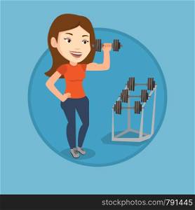 Woman lifting heavy weight dumbbell. Caucasian sportswoman doing exercise with dumbbell. Weightlifter holding dumbbell in the gym. Vector flat design illustration in the circle isolated on background.. Woman lifting dumbbell vector illustration.