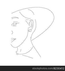 Woman line portrait in hat. Linear girl face with earrings. Minimal hand drawn art. Vector illustration isolated on white.. Woman line portrait in hat.