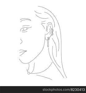 Woman line portrait with jewelry elements. Linear girl face with earrings. Minimal hand drawn art. Vector illustration isolated on white.. Woman line portrait with jewelry elements.