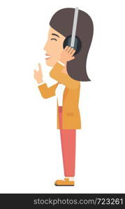 Woman listening music in headphones vector flat design illustration isolated on white background. . Woman listening music in headphones