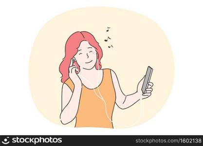 Woman listening to music concept. Young happy smiling girl teenager cartoon character holding smartphone enjoys musical songs sound in headphones and having fun. Leisure time and home recreation.. Woman listening music concept