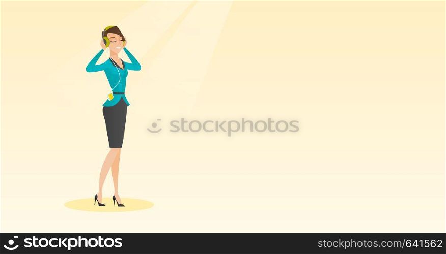 Woman listening to music from his smartphone. Young caucasian woman in headphones listening to music. Relaxed woman with closed eyes enjoying music. Vector flat design illustration. Horizontal layout.. Young woman in headphones listening to music.