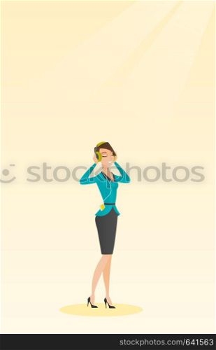 Woman listening to music from his smartphone. Young caucasian woman in headphones listening to music. Relaxed woman with closed eyes enjoying music. Vector flat design illustration. Vertical layout.. Young woman in headphones listening to music.