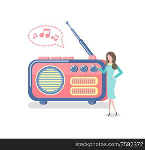 Woman listening to music on retro radio vector. Isolated mass media equipment with antenna, user pressing button on device for broadcasting live news. Radio with Antenna, Woman Listening to Device