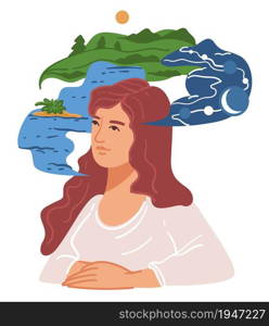 Woman longing for vacation, female character thinking on holidays and weekends spend surrounded by nature. Sunshine and forest, lake or seaside with greenery. Vector in flat style illustration. Female character thinking on holidays and relax