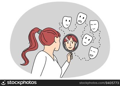 Woman look in mirror see different faces. Girl feel happy, sad and joyful. Concept of being honest with yourself. Vector illustration.. Woman look in mirror seeing different faces