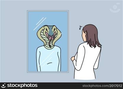 Woman look in mirror see snake reflection worried about evil inner nature. Back view of girl see shadow bad self-identity. Psychological or mental problem concept. Flat vector illustration. . Woman look in mirror see snake reflection