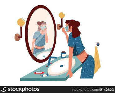 Woman looking at bathroom mirror. Morning girl hygiene and cosmetics routine, cartoon character standing before mirror. Vector self acceptance or narcissism concept. Lady having facial skincare. Woman looking at bathroom mirror. Morning girl hygiene and cosmetics routine, cartoon character standing before mirror. Vector self acceptance or narcissism concept