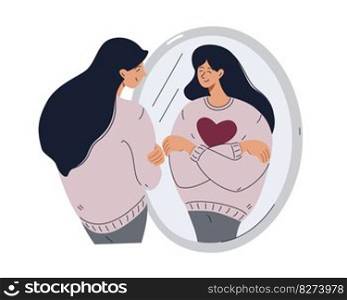 Woman looking at her reflection in the mirror and hugs herself. Self love, self care concept cartoon modern flat vector illustration.