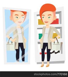 Woman looking at herself in a mirror in dressing room. Girl trying on blouse in dressing room. Woman choosing clothes in dressing room. Vector flat design illustration isolated on white background.. Woman trying on clothes in dressing room.