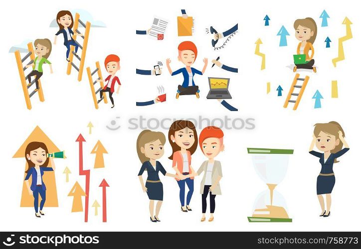 Woman looking at hourglass symbolizing deadline. Businesswoman worrying about deadline terms. Time management and deadline concept. Set of vector flat design illustrations isolated on white background. Vector set of business characters.