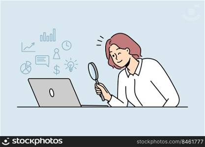 Woman looking at laptop screen with magnifying glass exploring online perspectives and opportunities. Female use magnifier discover options on internet on computer.. Woman looking at laptop with magnifier