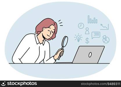 Woman looking at laptop screen with magnifying glass exploring online perspectives and opportunities. Female use magnifier discover options on internet on computer.. Woman looking at laptop with magnifier