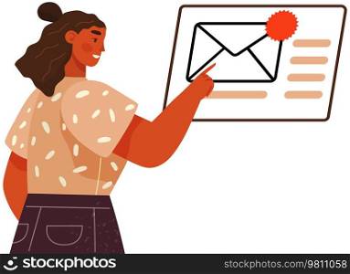 Woman looking at newsletter in digital envelope. Online subscription for news, electronic publication for subscribers. Lady receives email, online message via internet. Virtual correspondence concept. Lady receives email, online message via internet. Woman looking at newsletter in digital envelope