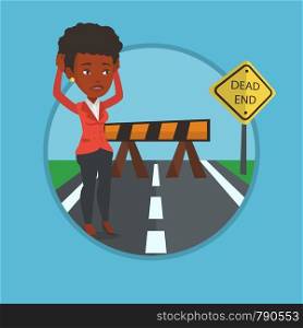 Woman looking at road sign dead end symbolizing business obstacle. Woman facing with business obstacle. Business obstacle concept. Vector flat design illustration in the circle isolated on background.. Businesswoman looking at road sign dead end.