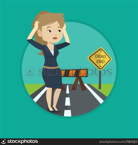 Woman looking at road sign dead end symbolizing business obstacle. Woman facing with business obstacle. Business obstacle concept. Vector flat design illustration in the circle isolated on background.. Businesswoman looking at road sign dead end.