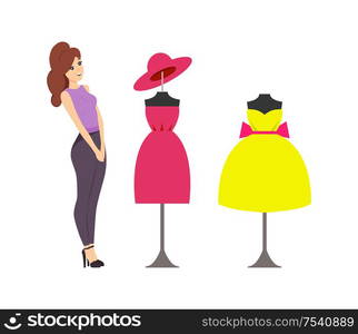 Woman looking at showcase with mannequins and clothes placed on vector. Buyer want to buy dress with bow, robe and hat. Ladies casual small headwear. Woman Looking at Showcase with Mannequins Vector