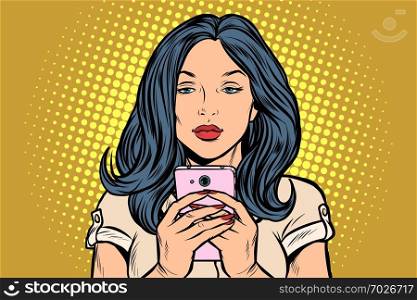 woman looking at smartphone. Pop art retro vector illustration vintage kitsch. woman looking at smartphone