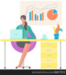 Woman looking at statistics diagram. Businesswoman analysing report with statistical indicators. Girl examines results of analysis. Personal investment, finance, funding, capital accumulation concept. Woman analysing report with statistical indicators. Lady examines results of investment analysis