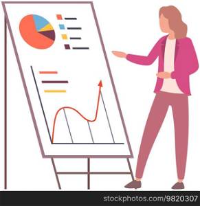 Woman looking at statistics diagram. Businesswoman analysing report with statistical indicators. Girl examines results of analysis. Personal investment, finance, funding, capital accumulation concept. Woman analysing report with statistical indicators. Lady examines results of investment analysis