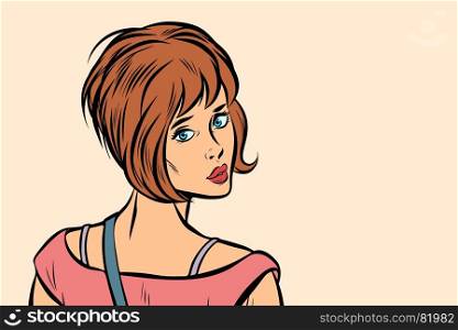 Woman looking back over shoulder. Pop art retro vector illustration. Woman looking back over shoulder