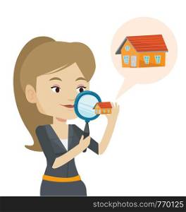 Woman looking for a new house in real estate market. Young woman using a magnifying glass for seeking a new house in real estate market. Vector flat design illustration isolated on white background.. Woman looking for house vector illustration.
