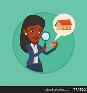 Woman looking for a new house in real estate market. Woman using a magnifying glass for seeking a new house in real estate market. Vector flat design illustration in the circle isolated on background.. Woman looking for house vector illustration.