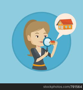 Woman looking for a new house in real estate market. Woman using a magnifying glass for seeking a new housein real estate market. Vector flat design illustration in the circle isolated on background.. Woman looking for house vector illustration.