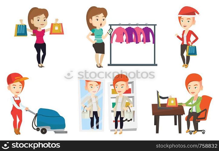 Woman looking in a mirror at dressing room. Woman trying on blouse in dressing room. Woman choosing clothes in dressing room. Set of vector flat design illustrations isolated on white background.. Vector set of shopping people characters.