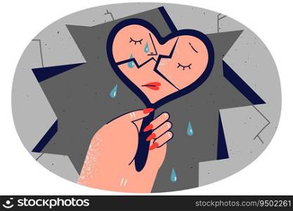 Woman looking in broken mirror crying of psychological or mental problems. Unhappy female suffer from insecurity and self-destruction. Vector illustration.. Unhappy woman look in broken mirror crying