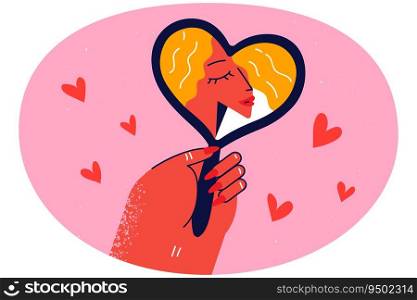 Woman looking in mirror show self-love and self-acceptance. Smiling girl demonstrate love and care to inner self. Confidence and security. Vector illustration.. Woman look in heart-shaped mirror