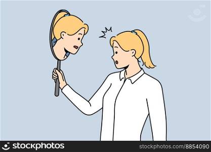 Woman looking in mirror thinking of different part of self. Young female consider aspects of inner identity. Self-awareness and oneness. Vector illustration. . Woman look in mirror think of self-awareness