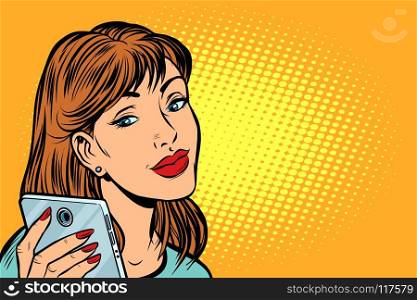 woman looking in smartphone. Pop art retro vector illustration kitsch vintage drawing. woman looking in smartphone