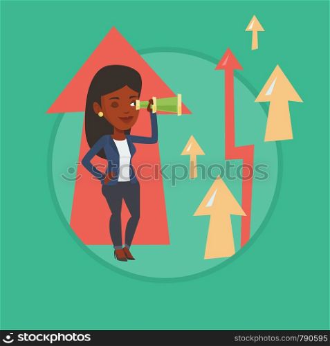Woman looking through spyglass on arrows going up symbolizing business opportunities. Business vision and opportunities concept. Vector flat design illustration in the circle isolated on background.. Woman looking through spyglass on raising arrows.