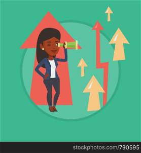 Woman looking through spyglass on arrows going up symbolizing business opportunities. Business vision and opportunities concept. Vector flat design illustration in the circle isolated on background.. Woman looking through spyglass on raising arrows.