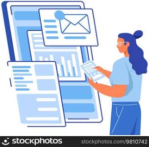Woman looks at email inbox, browses mail, studies analytics, reports and statistics. Lady analyzes statistical report, business information on digital document. Businesswoman works with online data. Woman looks at email inbox, browses mail, studies analytics, reports and statistics document