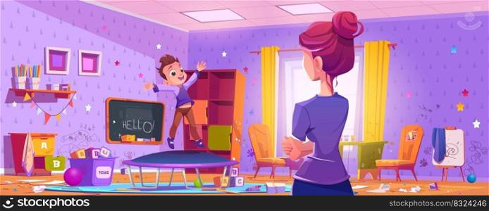 Woman looks at messy kids room with boy jumping on tr&oline. Dirty playroom interior with clutter, scattered toys, drawings on walls, playing child and mother, vector cartoon illustration. Woman looks at messy kids room and boy