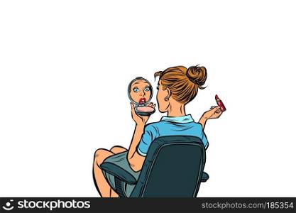 woman looks in the hand mirror and paints her lips. Pop art retro vector illustration vintage kitsch. pop art woman looks in the hand mirror and paints her lips