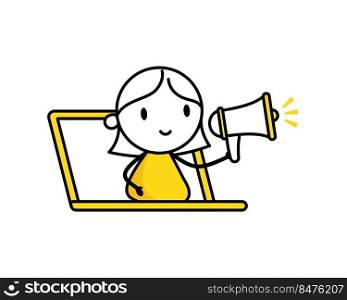 Woman looks out through a laptop screen and announcing something in a megaphone in his hand. Online business and marketing concept. Vector stock illustration.